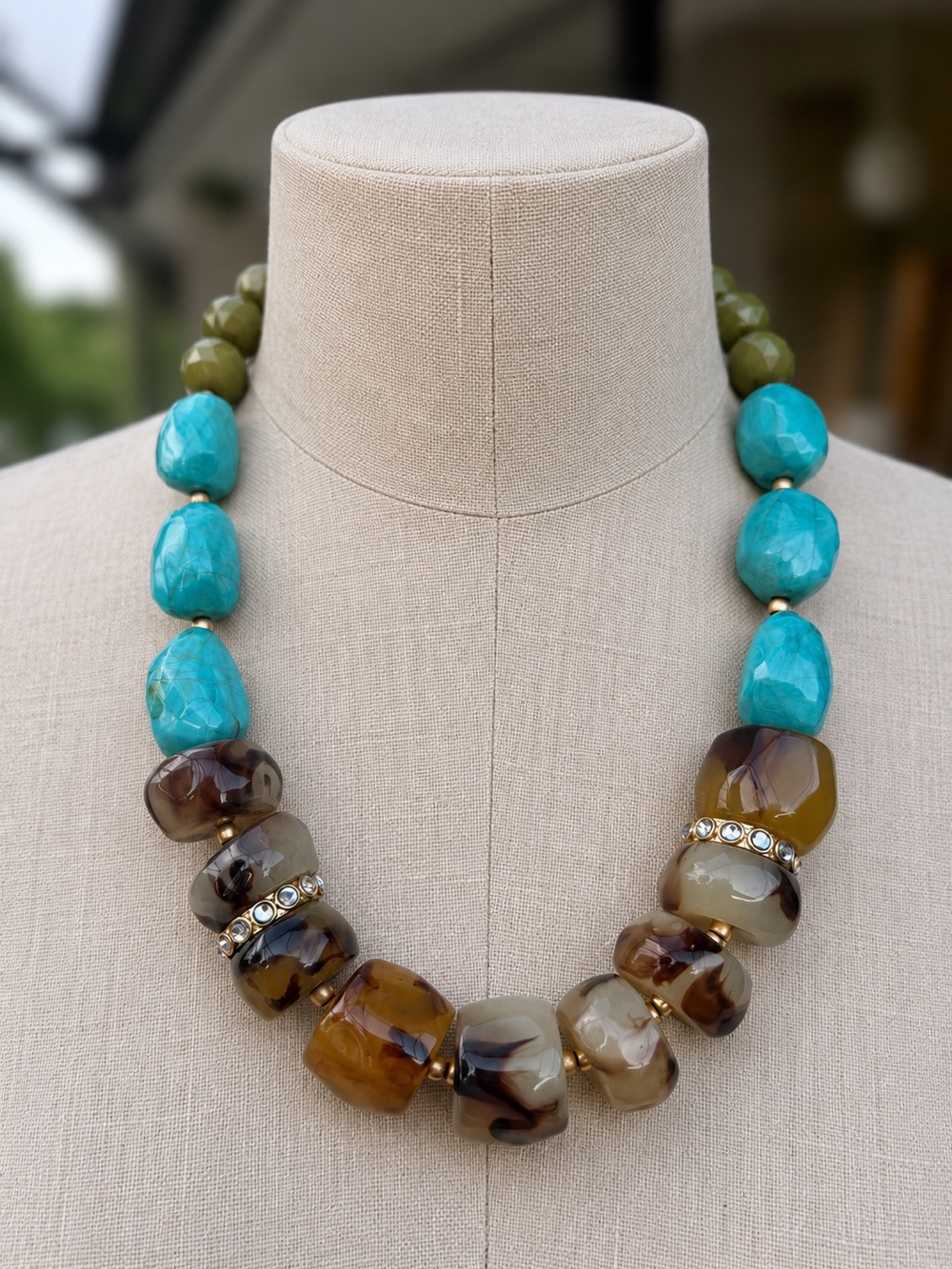 Chunky Statement Necklace Turquoise Tortoise Olive Resin Beads